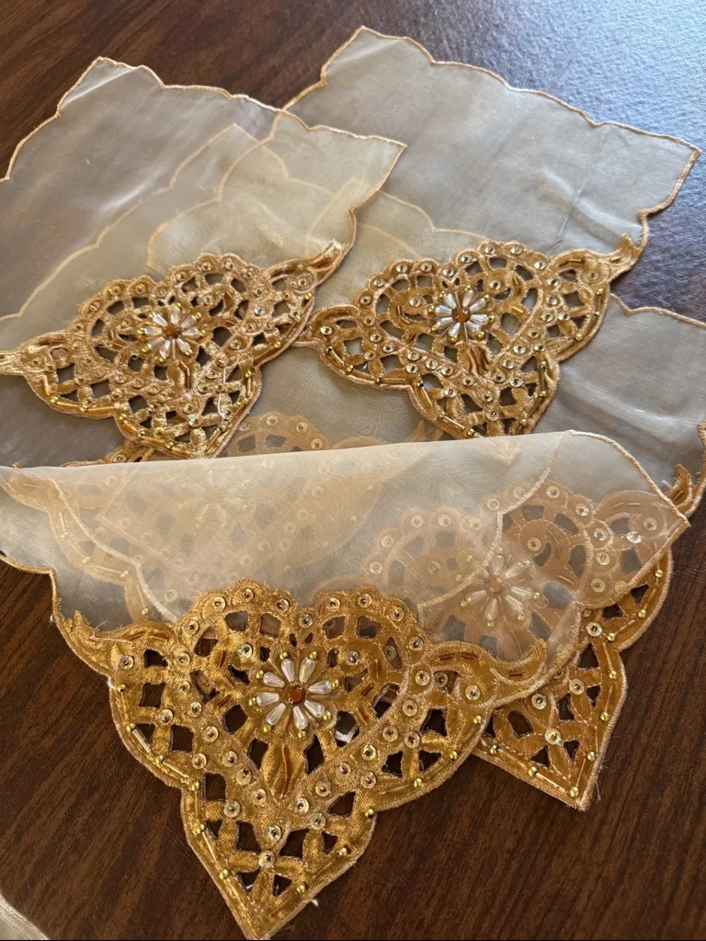 Gold Embroidered Organza Napkins/Dollies - Set of 5